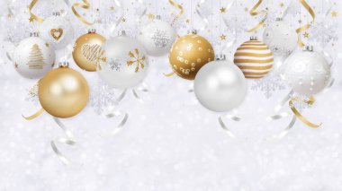 Mutlu noel hediyesi tebrik kartı, süslenmiş altın asma topları, parlak kurdeleli arka plan ve ışık saçan parlak kar taneleri, reklam afişi için boş kopya alanı şablonu