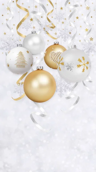 Veselé Vánoce Dárek Blahopřání Zdobené Zlaté Závěsné Koule Pozadí Jasnými — Stock fotografie