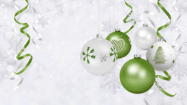 Tarjeta Felicitación Regalo Feliz Navidad Con Bolas Colgantes Verdes Decoradas —  Fotos de Stock