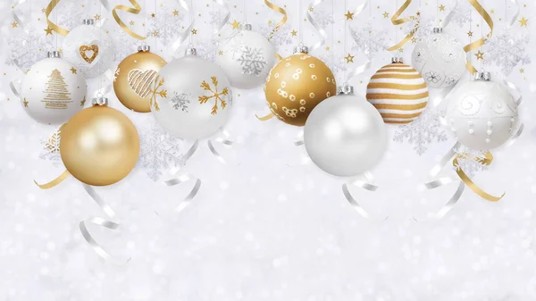 金色の吊るし玉が飾られたメリークリスマスプレゼントのグリーティングカード 明るいリボンとボケのライトに輝く雪の結晶の背景 広告バナーのための空白のコピースペーステンプレート — ストック写真