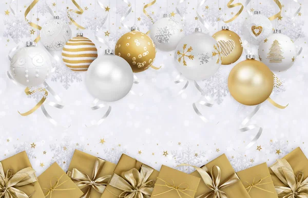 Joyeux Cadeau Noël Carte Voeux Avec Décoré Boules Suspendues Dorées — Photo