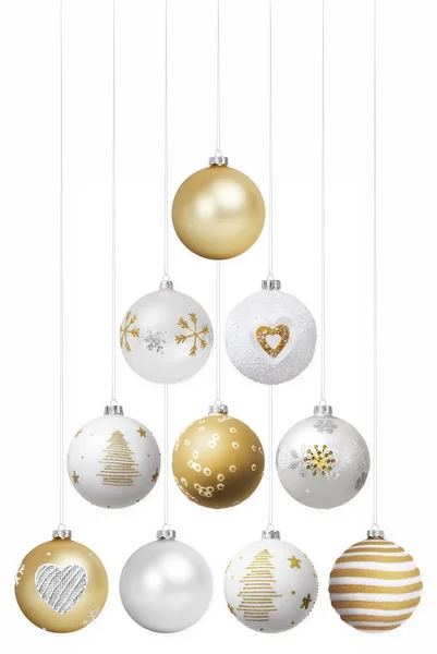 メリークリスマスのコンセプト 光沢のあるガラスは 白の背景に隔離された クリスマスツリーを形成する黄金のボールを飾りましたプロモーションやショッピング広告のためのテンプレート グリーティングギフトカードやバナーディスプレイ — ストック写真