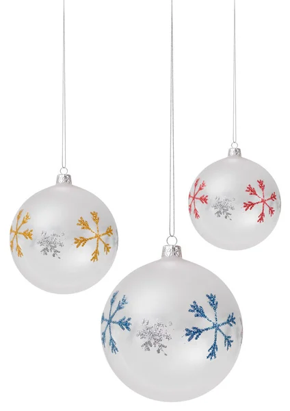 Merry Christmas Hanging Balls Decorated Glitter Snowflake Pattern Isolated White — Stock Photo, Image
