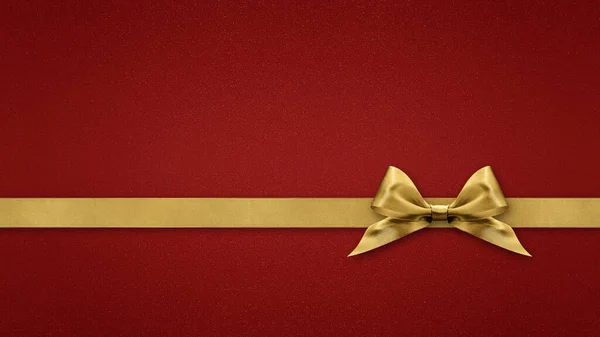 Blanco Cadeaukaart Met Gouden Glanzend Lint Strikband Geïsoleerd Rode Achtergrond — Stockfoto
