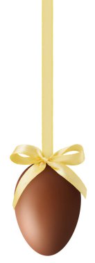 Happy Easter decoration chocolate egg with shiny ribbon bow in golden light color, hanging on transparent background. Template for label, gift greeting card, promo banner or ticket price