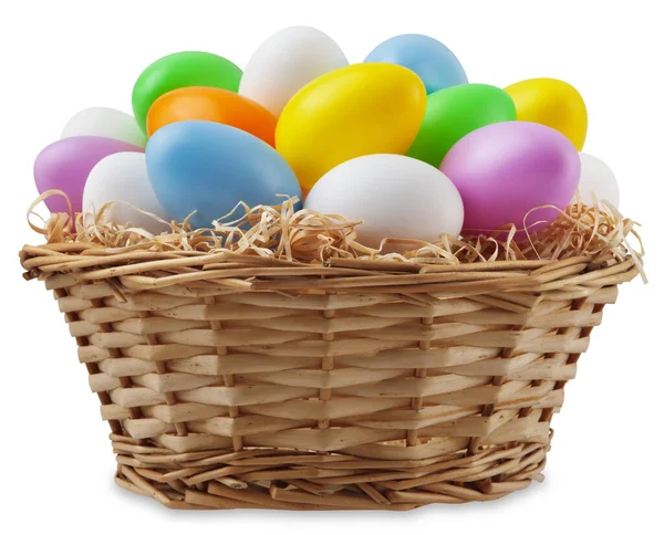 Veselé Velikonoční Dekorace Proutěný Koš Plný Barevných Velikonočních Vajec Pastelových — Stock fotografie