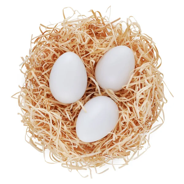 Straw Nest Filled White Eggs Top View Isolated White Background Royalty Free Stock Photos