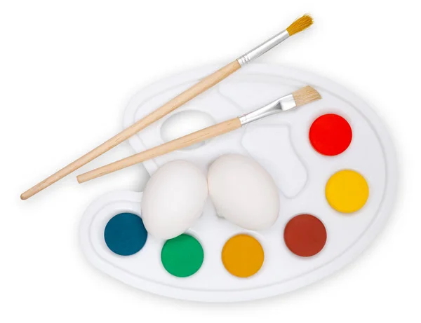 Color Palette Paint Brushes Eggs Top View Isolated White Background — Stock Photo, Image