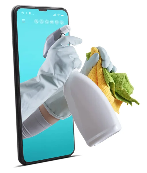 Cleaning service and solutions. Hands with gloves, rags and spray bottle emerge from the smartphone, search cleaning company on site online for a quote and support. Shopping cleaning products online.