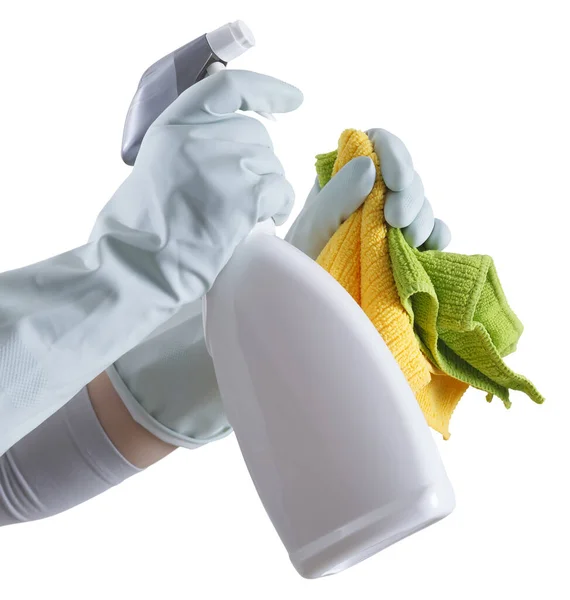 Usługi Sprzątania Rozwiązania Ręce Rękawiczki Szmaty Butelki Spray Izolowane Białym — Zdjęcie stockowe