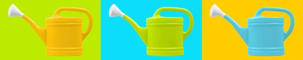 Composition Colored Plastic Watering Cans Isolated Colorful Backgrounds Spring Time — Stock Photo, Image