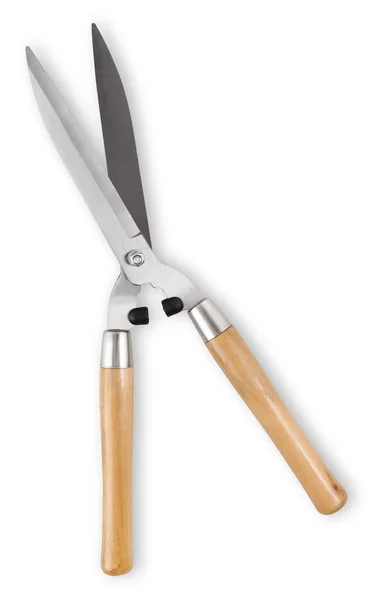 Single Steel Gardening Scissors Pruning Hedge Wooden Grip Top View — Stock Photo, Image