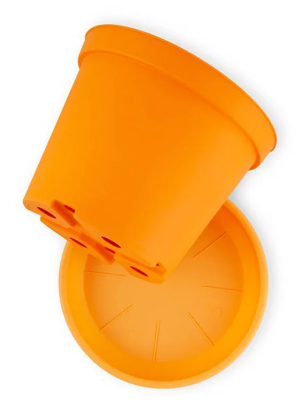Gartenarbeit Orangefarbener Plastiktopf Mit Teller Draufsicht Isoliert Auf Weißem Hintergrund — Stockfoto