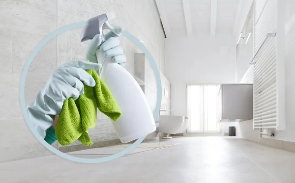 Cleaning service and products. Hands with gloves, rag and spray bottle isolated on clean bathroom background, contacts housekeeping company. Advertisement, Shopping and e commerce banner template.