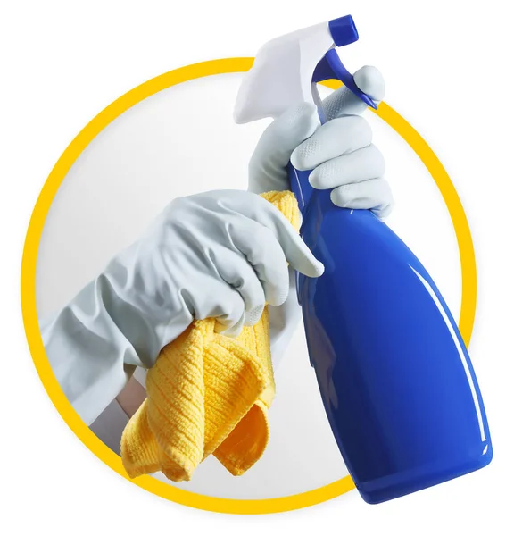 Cleaning service and products icon. Hands with gloves, rag and blue spray bottle isolated on white background, contacts housekeeping company. Advertisement, Shopping and e commerce banner template.