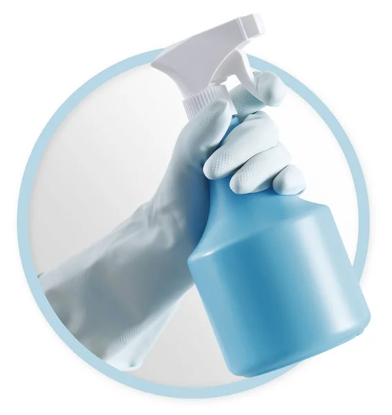 Очищення Сервісів Ікони Продуктів Руки Рукавичками Ганчіркою Синьою Пляшкою Спрею — стокове фото