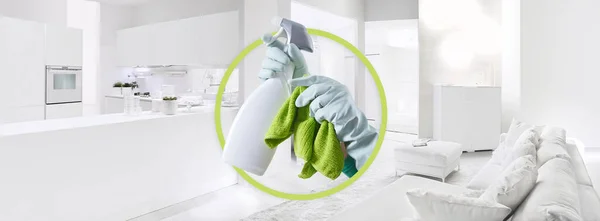 Cleaning service and products. Hands with gloves, rag and spray bottle, icon isolated on clean home background, contacts housekeeping company. Advertisement, Shopping and e commerce banner template.