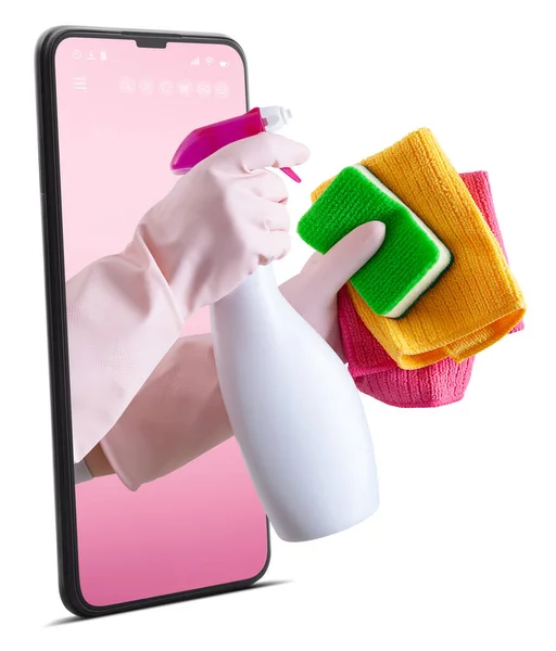 Cleaning service and products. Hands with gloves, rags and spray bottle from the smart phone isolated on white background, contacts housekeeping company. Advertisement, Shopping and e commerce banner.