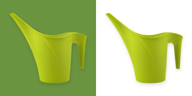 Bahçe aletleri. Renkli yeşil plastik sulama kutusu, beyaz ve yeşil arka planda izole edilmiş, ev bahçesi veya sebze bahçesi ve bitki bakımı için bahar zamanı konsepti