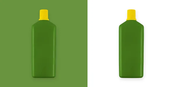 Πράσινο Πλαστικό Μπουκάλι Απομονωμένο Λευκό Και Πράσινο Φόντο Που Περιέχουν — Φωτογραφία Αρχείου