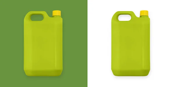 Grön Plast Jerry Kan Isolerad Vit Och Grön Bakgrund Plastbehållare — Stockfoto