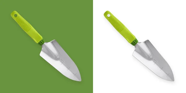 Gartengeräte Metall Gartenkelle Mit Grünem Kunststoffgriff Draufsicht Isoliert Auf Weißem — Stockfoto