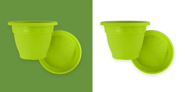 Gartengeräte Grüne Plastiktöpfe Mit Tellern Draufsicht Isoliert Auf Weißem Und — Stockfoto