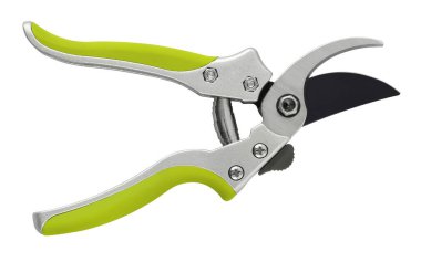 Gardening tool equipment. Single steel garden scissor with green plastic grip for pruned or plants, and flowers garden work. Pruning of vineyard or fruit tree. Top view isolated with clipping path clipart