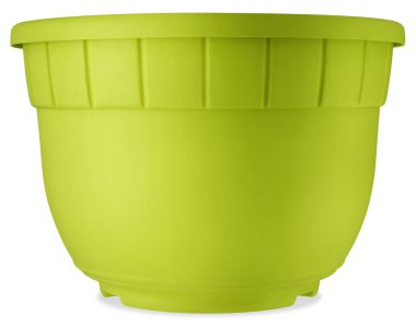 Bahçe aletleri. Bahçe yeşili plastik kap, üst manzara beyaz kesme yolu ile izole. Bahar konsepti sebze bahçesi ve bitki bakımı. Bitki ve çiçek ürünlerinin satışı için pankart