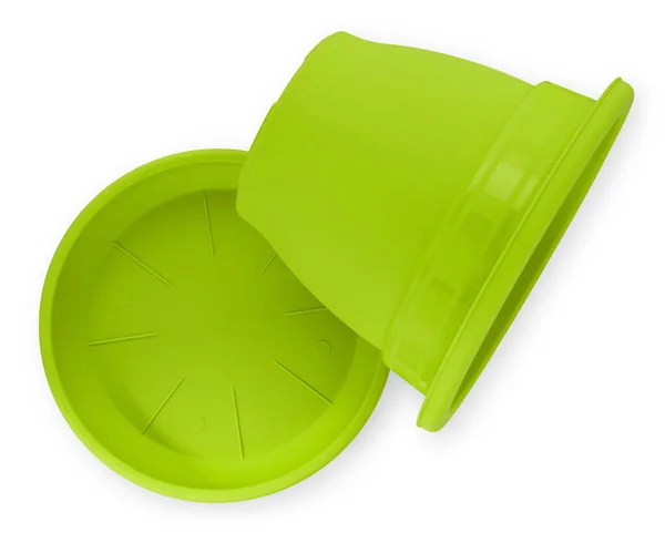 Gartengeräte Grüne Plastiktöpfe Mit Tellern Draufsicht Isoliert Auf Weißem Hintergrund — Stockfoto