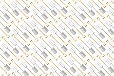 Bahçe aletleri ve bahçe ekipmanlarıyla kusursuz desen ahşap saplı kürek ve çatal beyaz arka planda izole üst manzara. Sera ya da çiçekçi için paket şablonu.