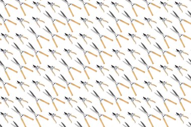 Bahçe aletleri ve bahçe aletleri ile kusursuz desen, budama makası ve tahta saplı makas, beyaz arka planda izole üst manzara. Sera ya da çiçekçi için paket şablonu.