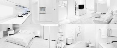 Ev modern iç mekan. Yatak odası, oturma odası, mutfak ve banyo resimleriyle kolaj. Minimalist ve çağdaş mobilyalarla iç tasarım.