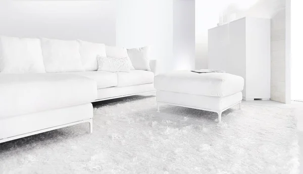 White couch in bright modern living room. Corner sofa with white cushions on white carpet.