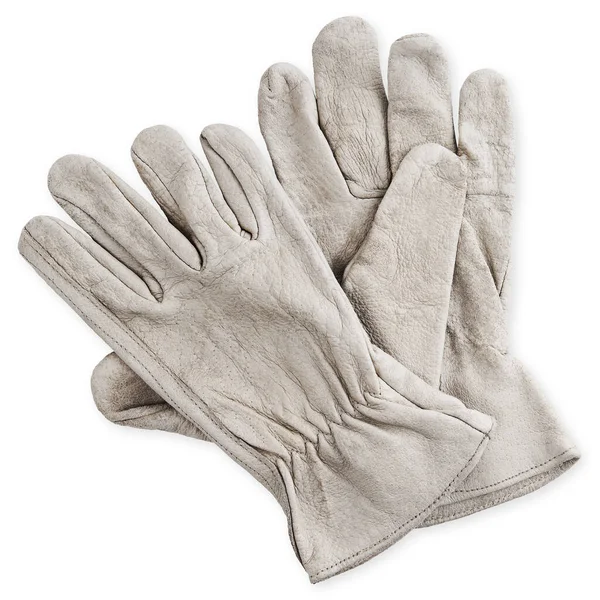 革グレー色の安全手袋 白い背景に隔離されたトップビュー 労働者の手の保護のための安全衣類機器 — ストック写真