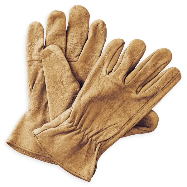 レザーブラウン色の安全手袋 白い背景に隔離されたトップビュー 労働者の手の保護のための安全衣類機器 — ストック写真