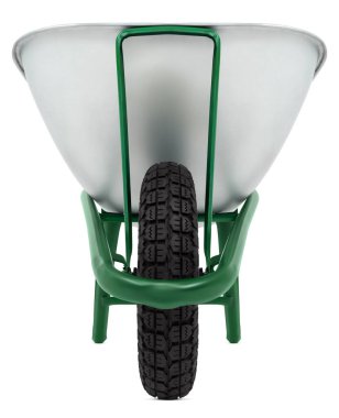 El arabası, kırpma yolu olan beyaz arkaplanda izole edildi. Bahçe aletleri sebze bahçesi işi ya da çimenlik ve bitki bakımı için. Bahar konsepti, online alışveriş için reklam afişi