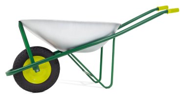 El arabası, kırpma yolu olan beyaz arkaplanda izole edildi. Bahçe aletleri sebze bahçesi işi ya da çimenlik ve bitki bakımı için. Bahar konsepti, online alışveriş için reklam afişi