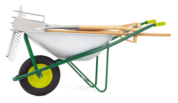 Тачка с рейкой, лопатой и вилкой, изолированная на белом фоне с обрезанной дорожкой. Оборудование для садоводства, садоводства и садоводства. Весна, баннер для интернет-покупок