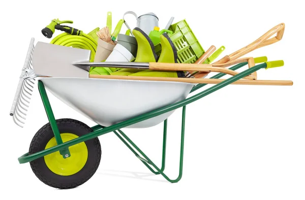 Wheelbarrow Full Gardening Equipment Tools Isolated White Background Clipping Path — Stock Photo, Image