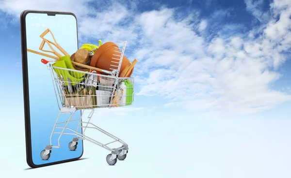 Shopping Cart Filled Gardening Equipment Emerges Smartphone Isolated Sky Background — Stock Photo, Image