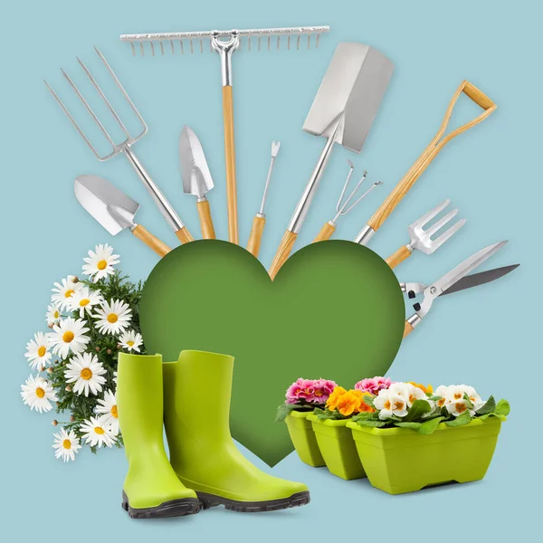 Gardening Tool Equipment Green Heart Shape Rubber Boots Daisies Flowers — Stock Photo, Image