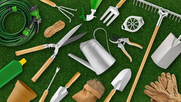 Gartengeräte Draufsicht Isoliert Auf Grünem Rasen Gras Hintergrund Online Shopping — Stockfoto