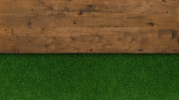 草原緑の芝生の芝生の表面と木製のテーブルの表面 コピースペース付きの芝と木のトップビューの背景 広告テンプレートや園芸用バナー オンラインショッピングや環境の概念 — ストック写真