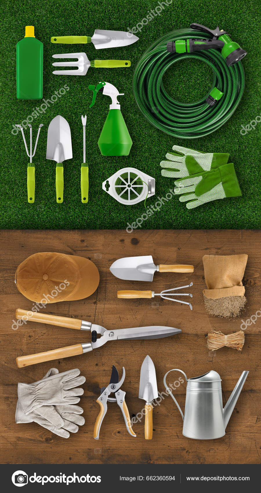 Gardening Tool Equipment Top View Wooden Table Lawn Grass Background Stock  Photo by ©amedeoemaja 662360594