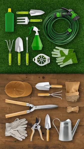 Gardening Tool Equipment Top View Wooden Table Lawn Grass Background — Stock Photo, Image