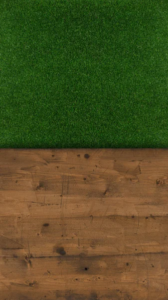 Wiese Grüne Rasenfläche Und Hölzerne Tischfläche Rasen Und Holz Draufsicht — Stockfoto