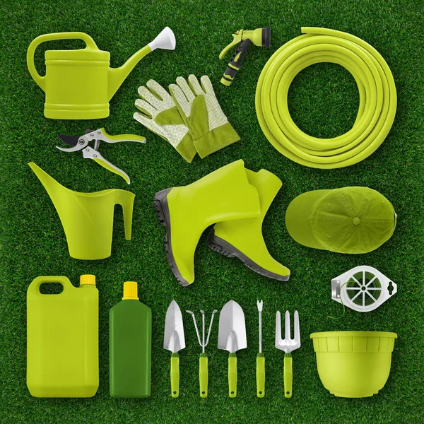 Equipo Jardinería Jardín Herramientas Plástico Verde Conjunto Vista Superior Aislada —  Fotos de Stock