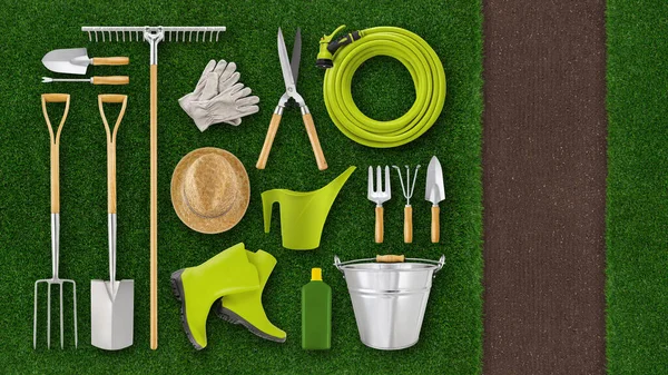 stock image Gardening tool equipment. Top view isolated on lawn green grass background, ground soil with copy space. Commerce and shopping online, greenhouse advertising banner. Floriculture and horticulture work