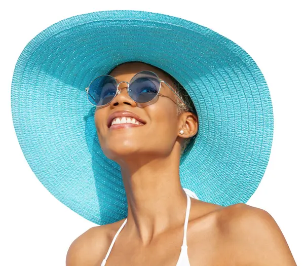 Chica Sonriente Con Sombrero Sol Turquesa Gafas Sol Azules Bikini —  Fotos de Stock